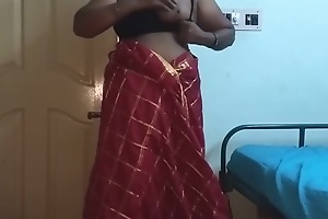 desi indian tamil telugu kannada malayalam hindi simmering cheating wife vanitha wearing cherry red colour saree equally big boobs and bald pussy press hard boobs press nip scraping pussy misapply